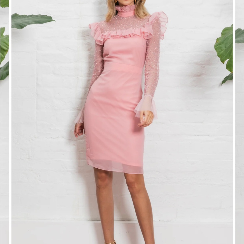 Pink Ribbed Mock Neck Sheath Dress